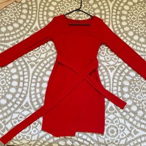 Red Cotton Long Sleeve Dress w/ Belt